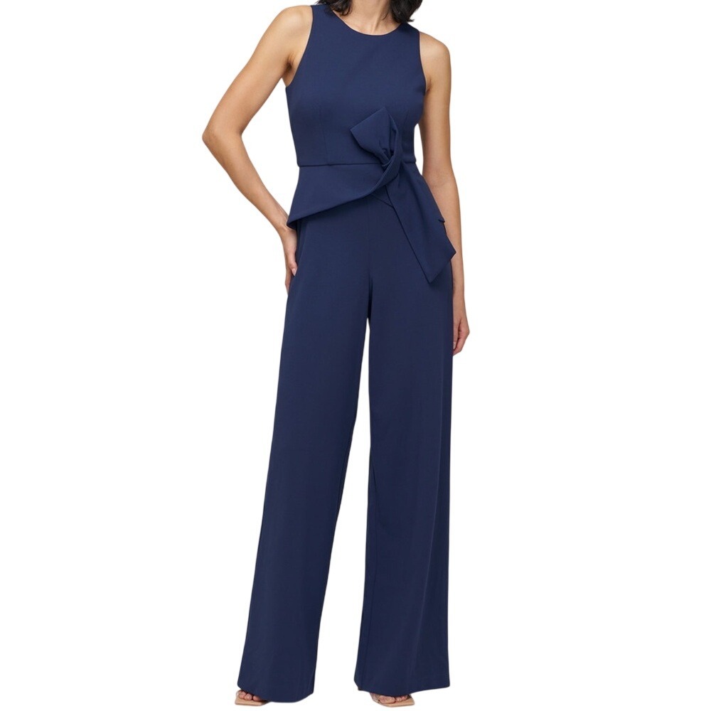 JS Collections Calista Navy Peplum Wide Leg Formal Jumpsuit Bow Waist Size 6